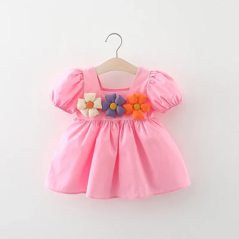 Children's clothing girl's dress new summer style square neck bubble sleeves colorful flowers children's sweet princess dress