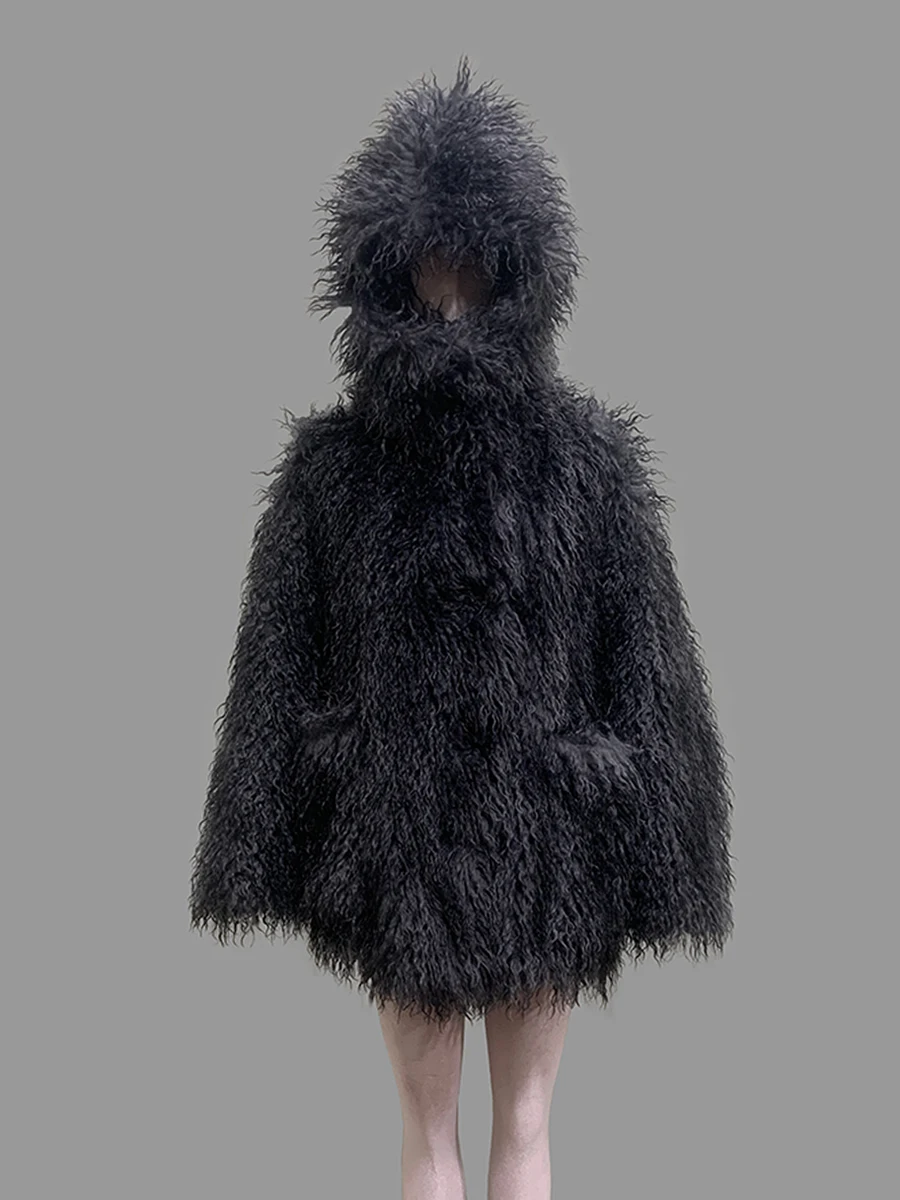 Nerazzurri Autumn Winter Oversized Shaggy Hairy Fuzzy Dark Grey Faux Fur Coat Women with Hood Loose Luxury Designer Clothes