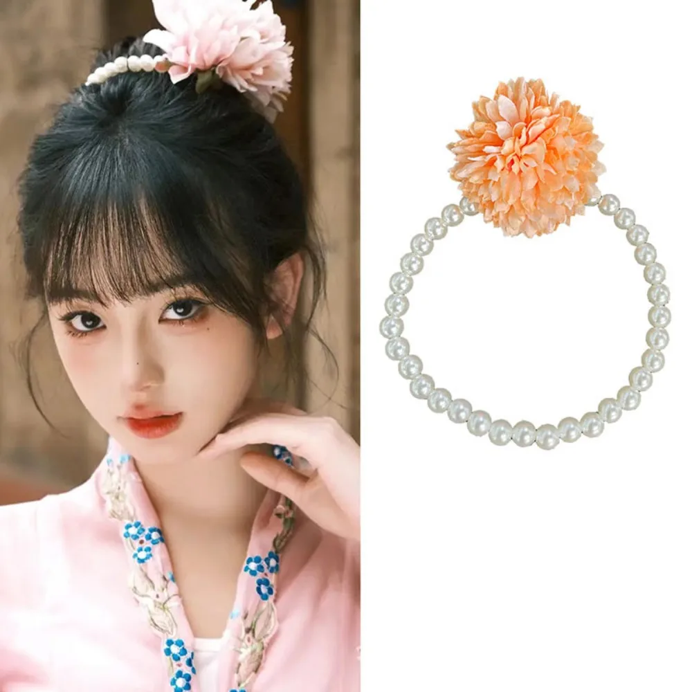 

Dai Nationality Style Rose Flower Hair Rope Hair Tie Yunnan Pearl Bracelet Ponytail Holder Hair Accessories Elastic Hair Band