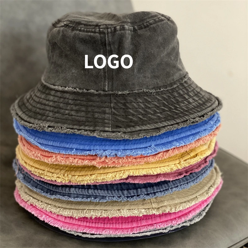 

Custom Logo Trend Worn Edge Japanese Bucket Hat Men Washed Cotton Versatile Fashion Basin Hats Women's Solid Color Retro Bob Cap