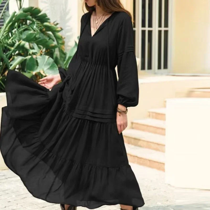 Spring Autumn Elegant Princess Style Vintage Dress Sexy V Neck Lantern Sleeve Ruffle Long Dress Fashion Casual Women Party Dress