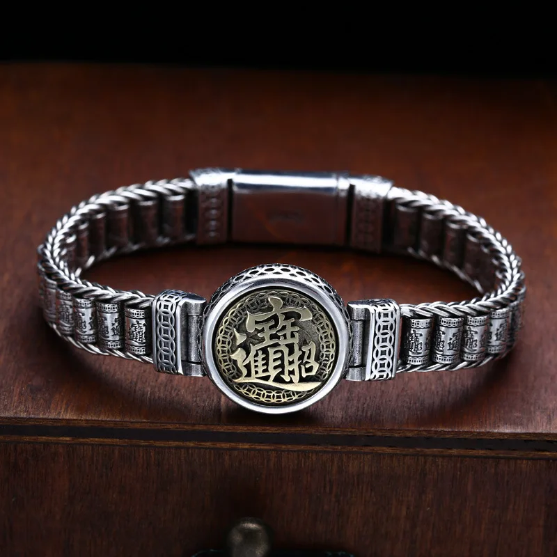S925 sterling silver bracelet thick men's rotatable vajra thai silver retro distressed trendy jewelry