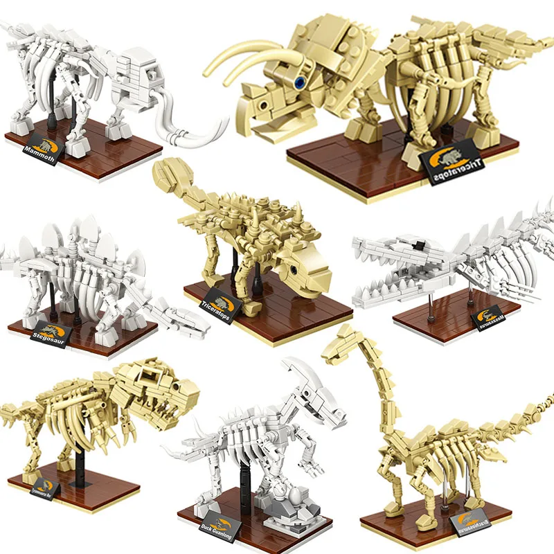 

Jurassic World 3D Dinosaurs Fossils Skeleton T-Rex Model Building Blocks Dino Museum Mosasaurus Stegosaurus Bricks Toys Kid Gift