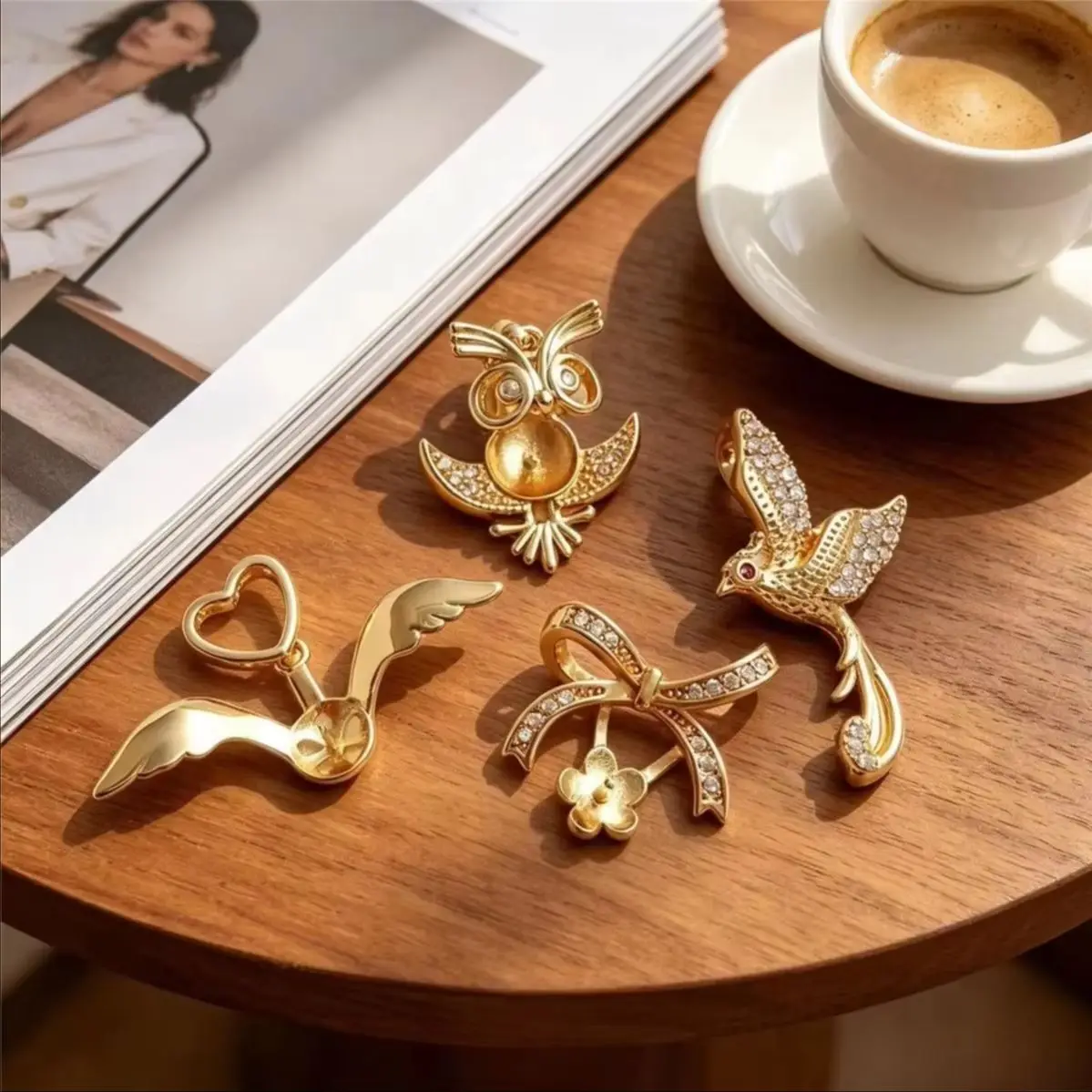 Cute Owl Wing Bow Half Hole Bezel Charms 14K Gold Plated Brass 1pc For DIY Necklace Inlay Handmade Jewelry