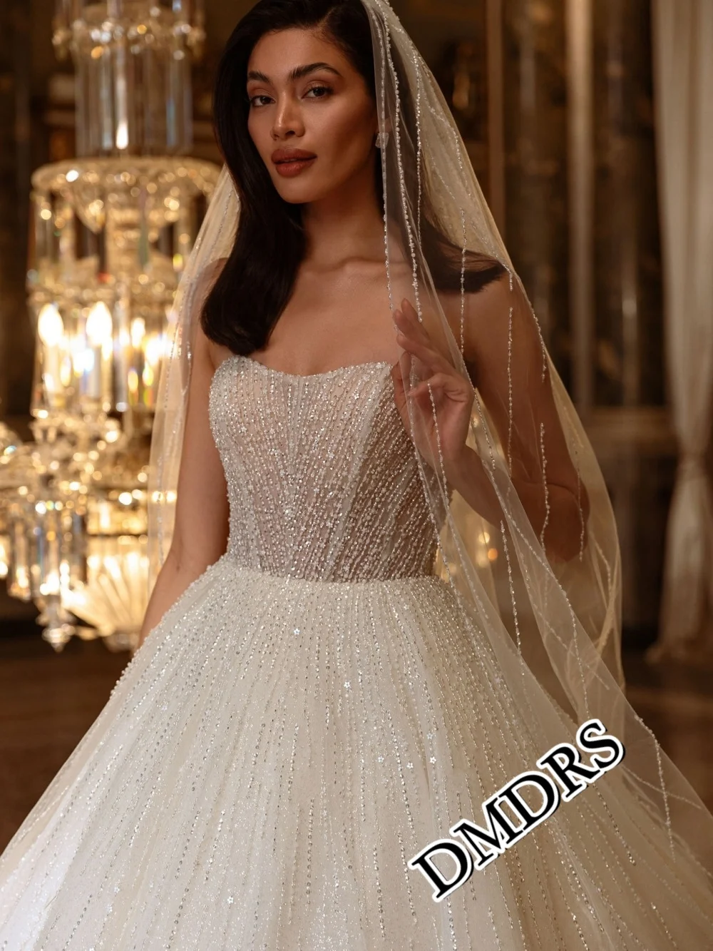 

DMDRS Luxurious Strapless Wedding Dress Elegant Beaded Bridal Gowns Charming A-Line Floor-Length Wedding Gowns Vestidos De Novia