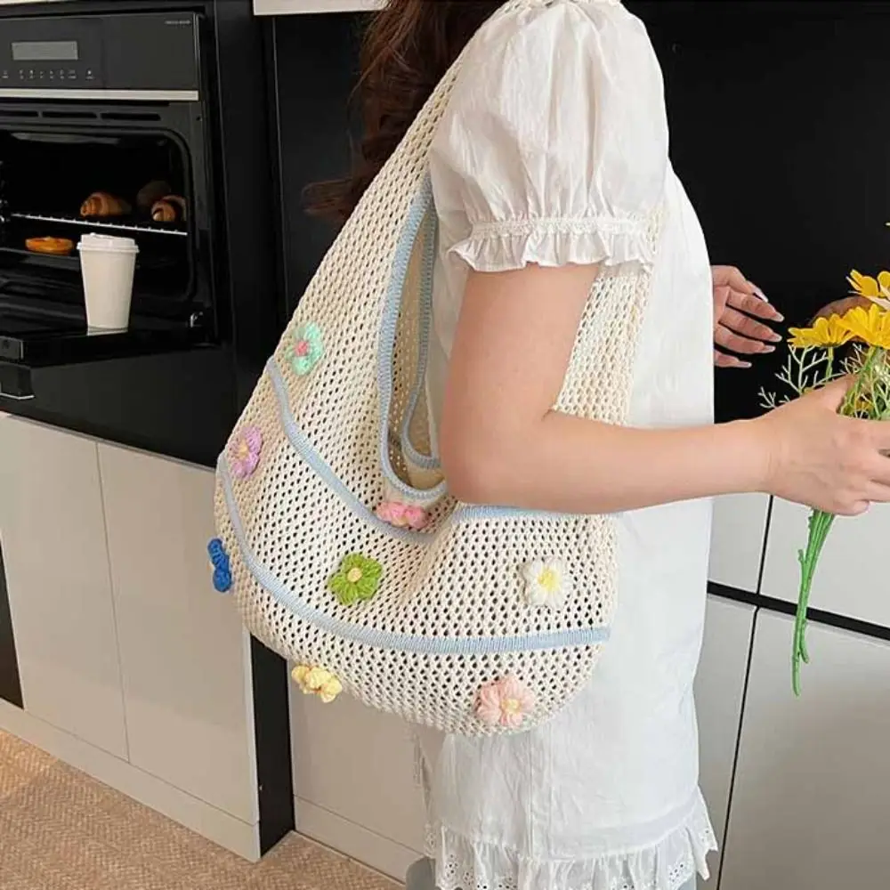 

Cute Hollow Out Flower Knitting Bag Tote Bag Beach Handbag Beach Bag Bohemian Style Large Capacity Hollow Shoulder Bag Holiday