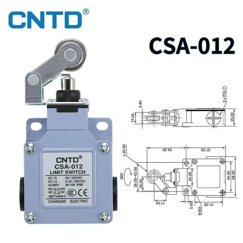 Interrupteur de fin de course étanche CNTD CSA-012 IP65 1NO 1NC à levier à rouleau à action rapide avec support en fer 10A 300V CCC TUV CE