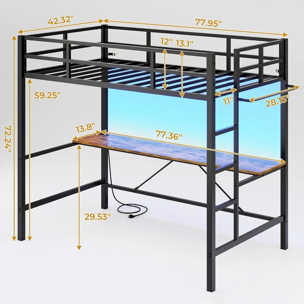 Loft Bed Twin Size  Desk and Charging Station Twin Metal Loft Bed Led Lights Twin Metal Bed Frame with Safety Guard & Ladder