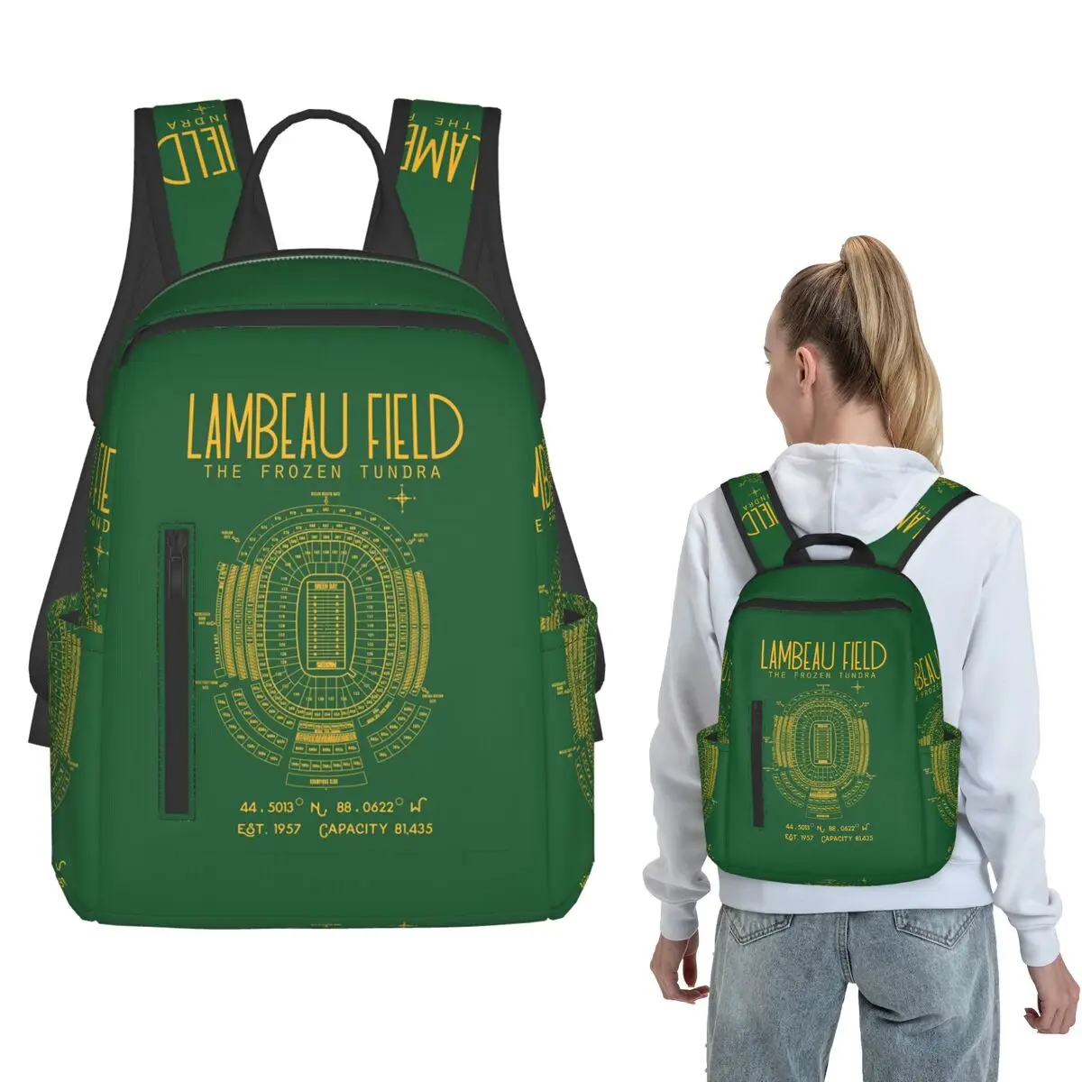 Green Bay Packers Lambeau Field Stadium Poster Print Backpack Large Capacity Boys Girls BookBag School Bag Shoulder Bags