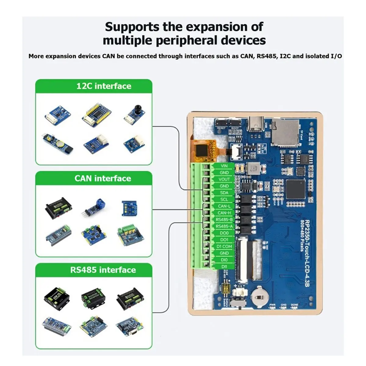 A86G NEW RP2350 4.3inch Touch LCD Dev-Board 800x480 Captive TouchScreen Display Board LVGL with Sensor CAN//RS485