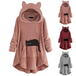 Cartoon Cat Hooded Sweatshirt Women Winter Fleece Loose Long Sleeve Pullover Tops Streetwear Casual Hoodies Fluffy Warm Homewear