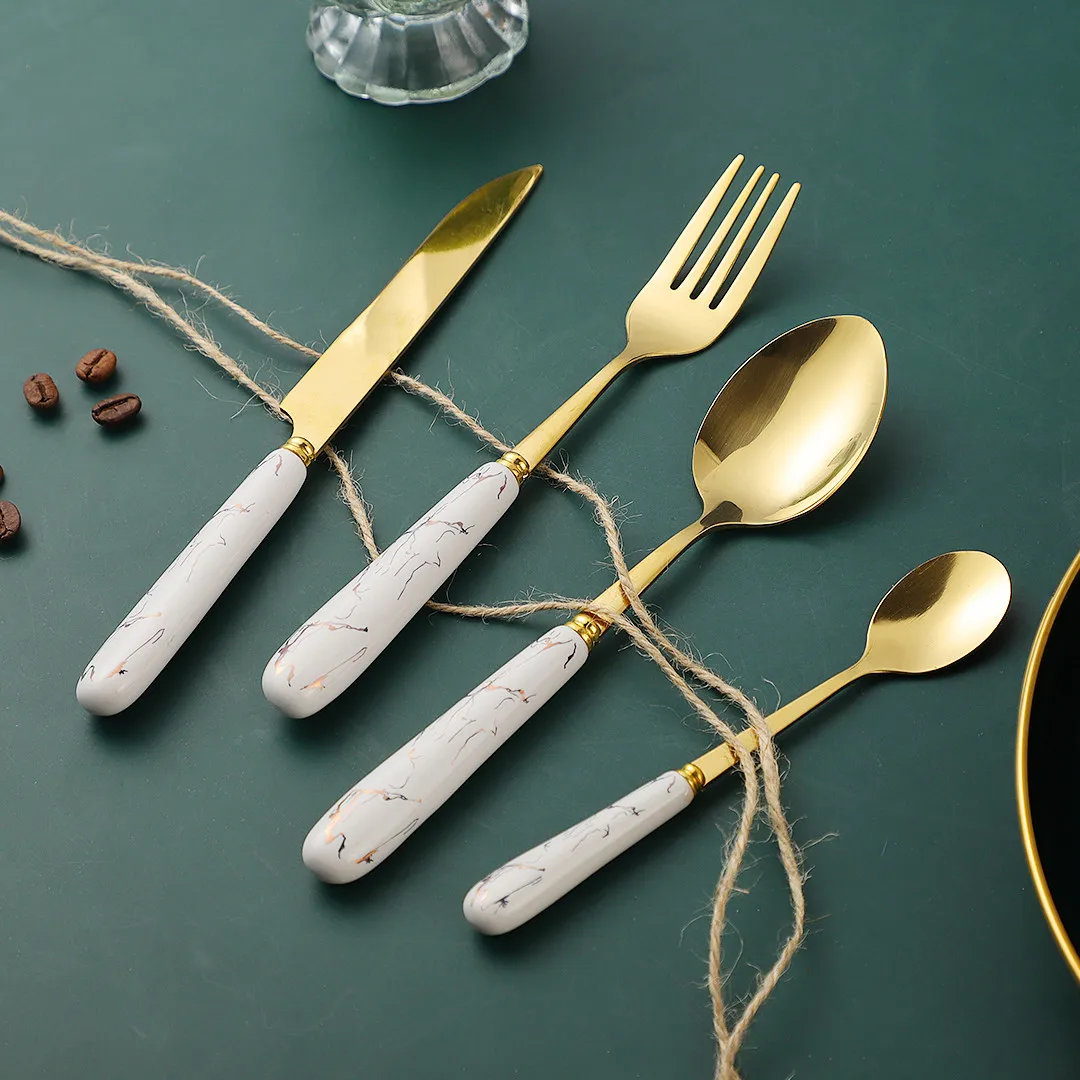 

Household Tableware Ceramic Handle Dinner Set Stainless Steel Cutlery Set Spoon Knife Fork Kitchen Eco Friendly Flatware