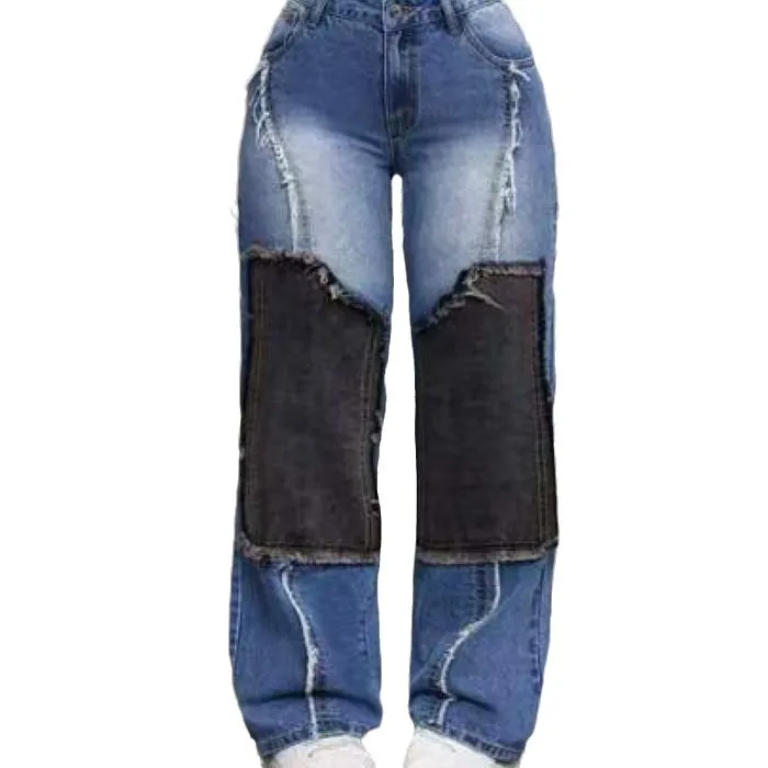 

Женские прямые брюки, джинсы для мам, лоскутные брюки с высокой талией, потертые винтажные джинсовые брюки полной длины Y2k, уличная одежда