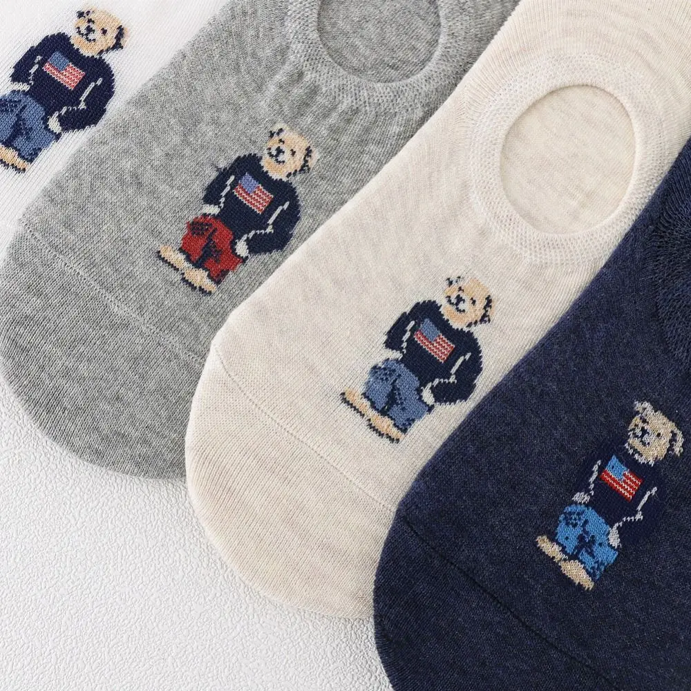 Unisex Japanese Cartoon Invisible Bear Slippers Socks Men's Boat Socks Middle Tube Hosiery Korean Style Socks Casual Hosiery