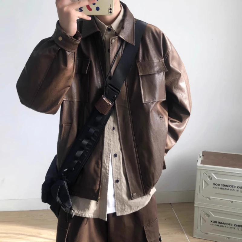 Spring 2024 Bomber Pu Leather Jackets Mens American Street Hip Hop Multi Pocket Fashion Coat Streetwear Loose Short Outwear - Image 4