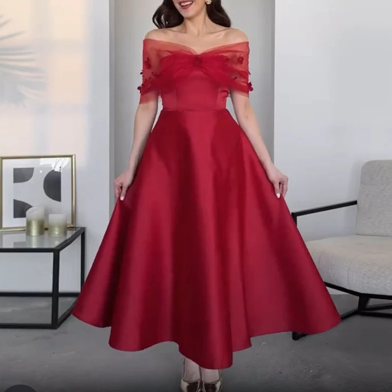 Trendy mesh prinsessenjurk met sjaalmouwen, elegante off-shoulder rode avondjurk, temperament, hoge taille, gesplitste satijnen a-lijnjurk