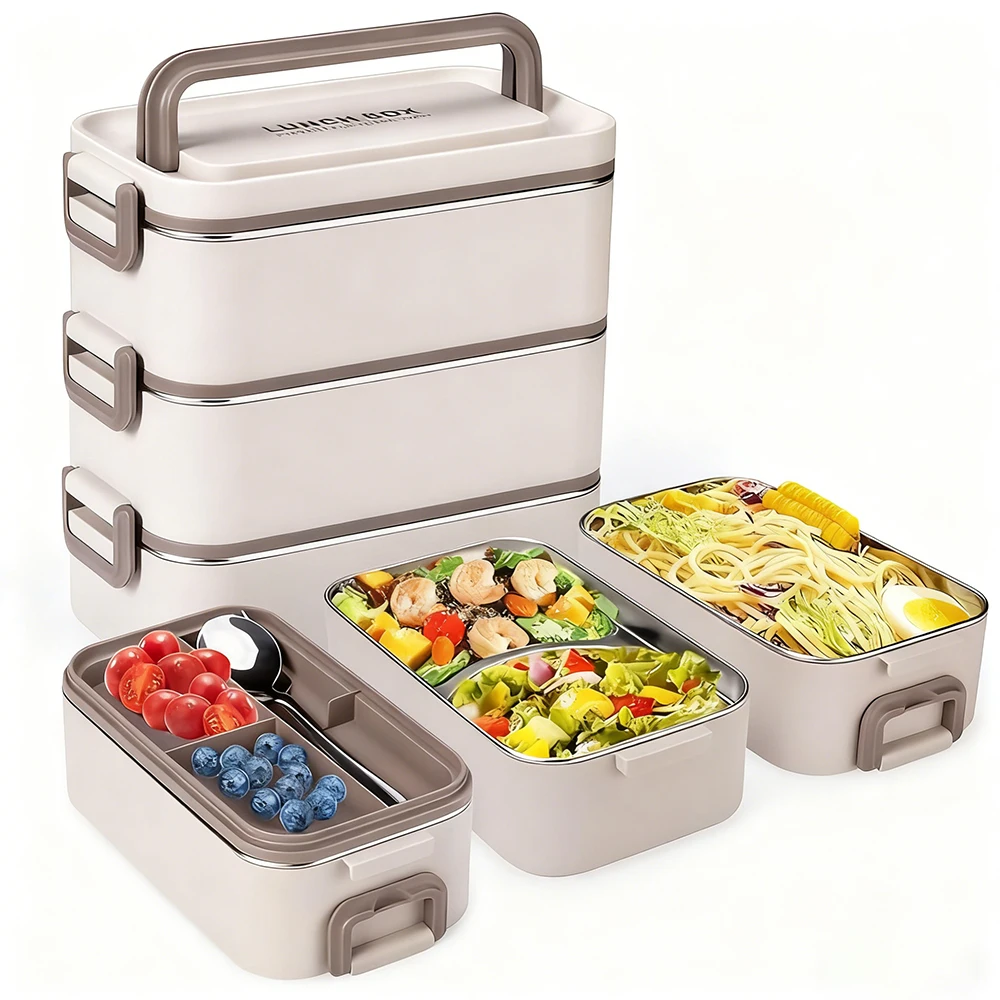 

Three layer rectangular insulated lunch box, 304 stainless steel food storage container, stackable, comes with tableware