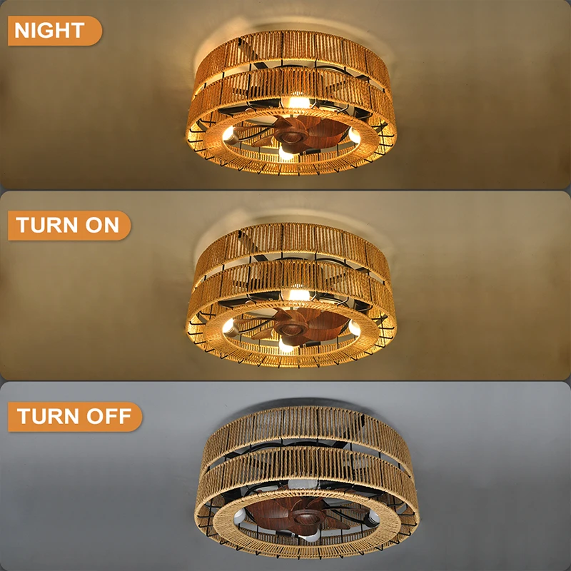 Ceiling Fan Light Fixture with Remote Control Wooden Hemp Rope Weaving Bird Cage Design LED Lighting for Living Room Bedroom