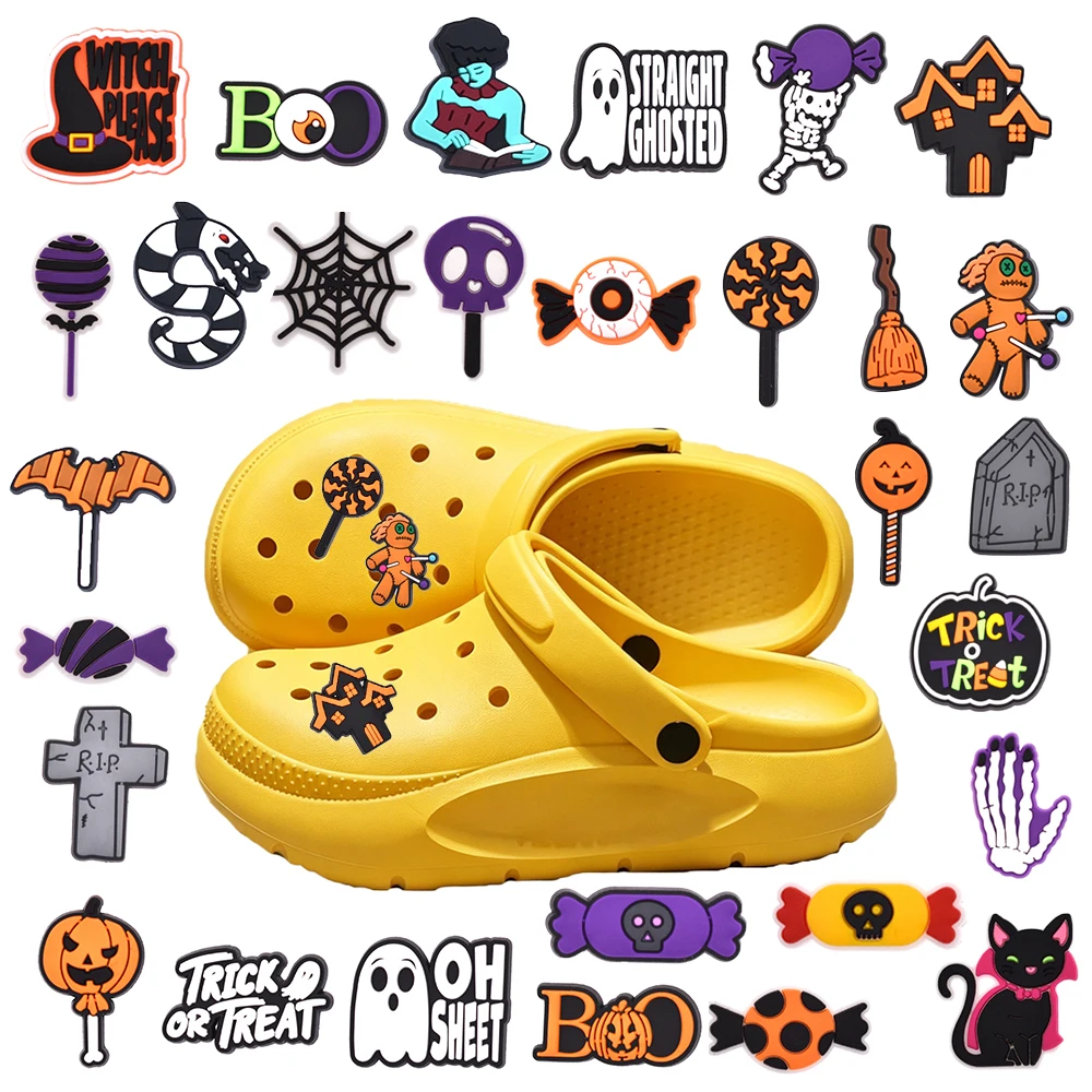29-100pcs Cartoon Halloween Tombstone Candy Series PVC Shoe Decoration Wristband Accessories DIY Shoe Ornaments Party Gifts