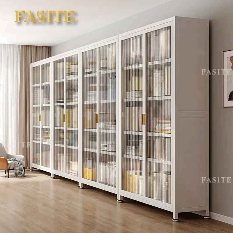 For Household Steel Bookshelf with Door Dust-proof Full Wall Cabinet Floor Rack Storage Furniture Space Saving Organizer