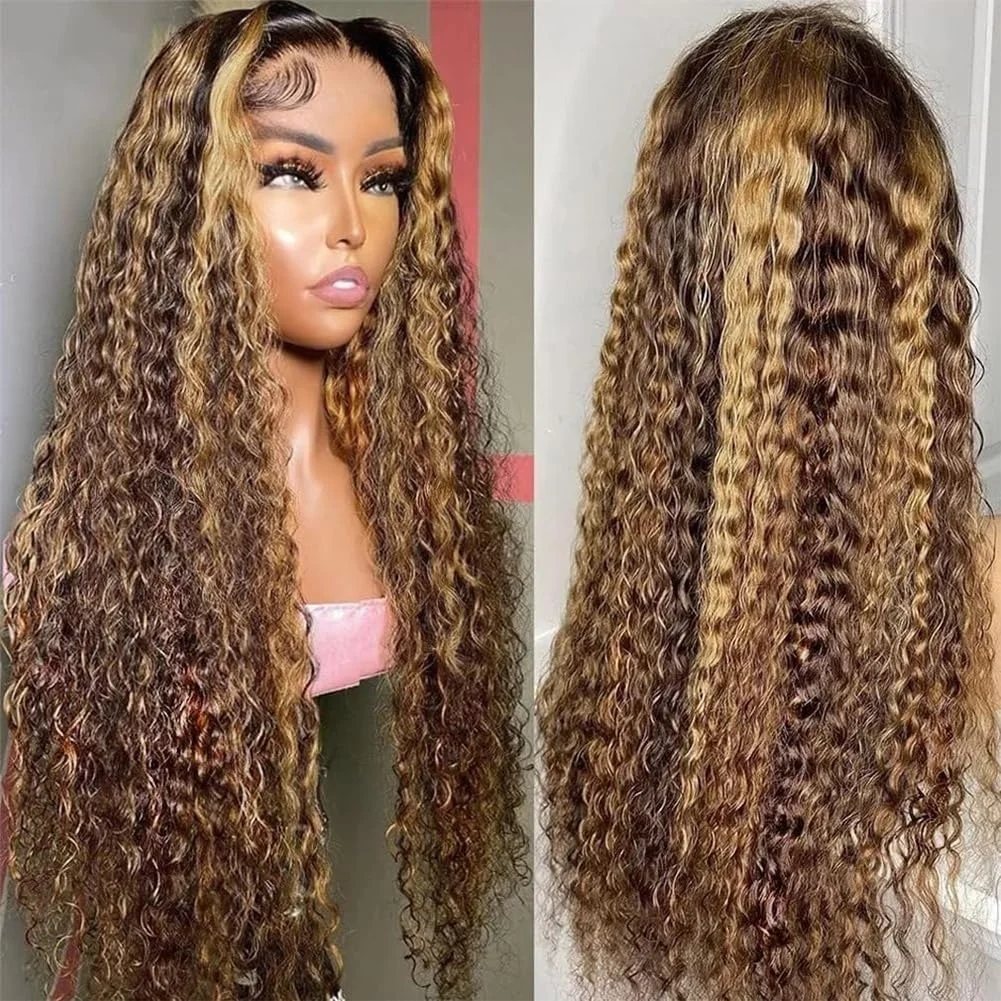 Highlight Deep Wave 5×5 Lace Front Perücken Echthaar Transparent 220 Dichte Honigblond 13×4 vorgezupfte Lace Frontal Perücke 4/27