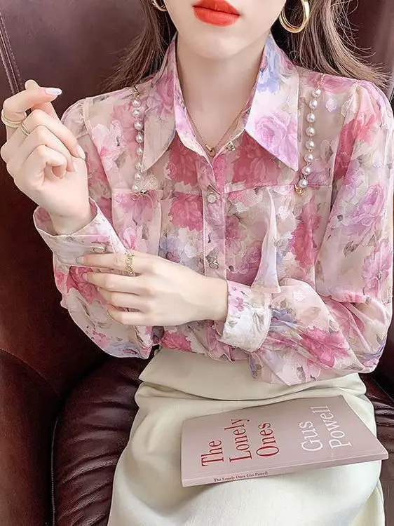 

Sweet Pearl Lace Trim Long Sve Chiffon Blouse Spring 2025 New Faion Versatile Design Commute Sle Thin Fabric Pure Color