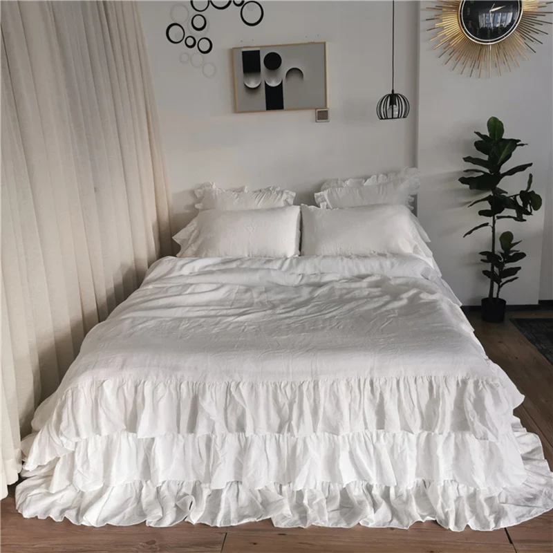 100% Pure Linen Bedding Set with 3 Layer Ruffle Quilt Cover, 45cm Drop Bed Skirt and Pillowcases,Princess Style Duvet Cover Set