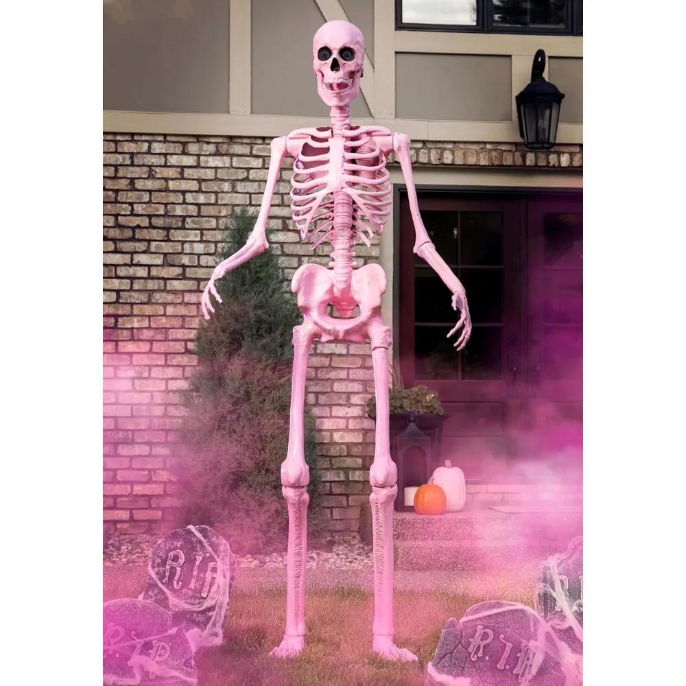 

Pink Animated Giant Skeleton Decoration, 8 Foot Tall Pink Animatronic with LED Eyes and Movable Jaw, Halloween Décor