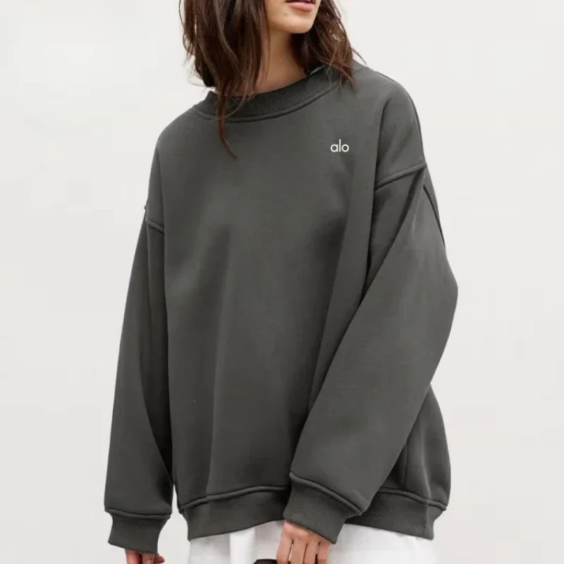 European and American Crew Neck Loose Fleece Sweater Women's Street Solid Color Top Oversize Shoulder Sleeve Pullover Sweater