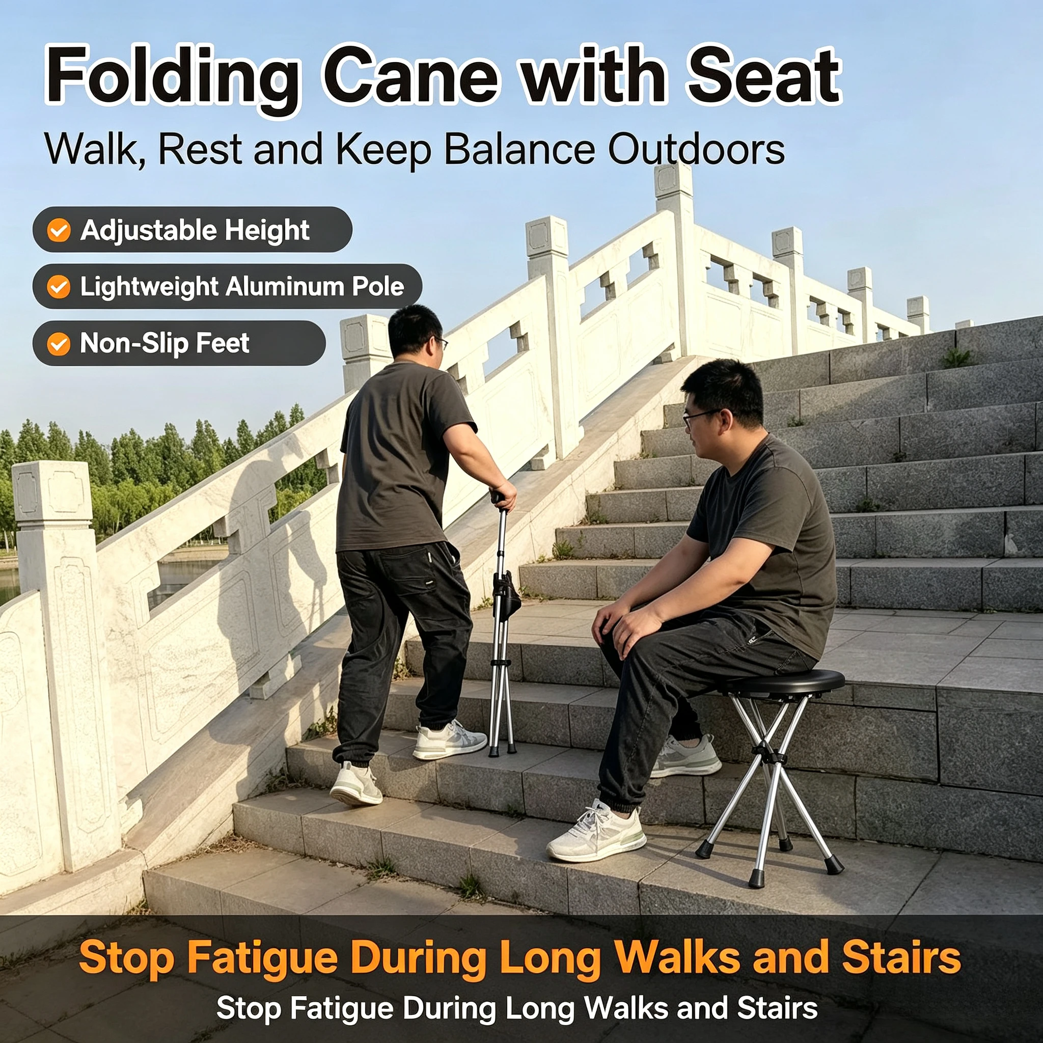 For Outdoor Mountaineering Cane Stool Foldable Walking Chair for Elderly Lightweight Multi-functional Hiking Stick Seat