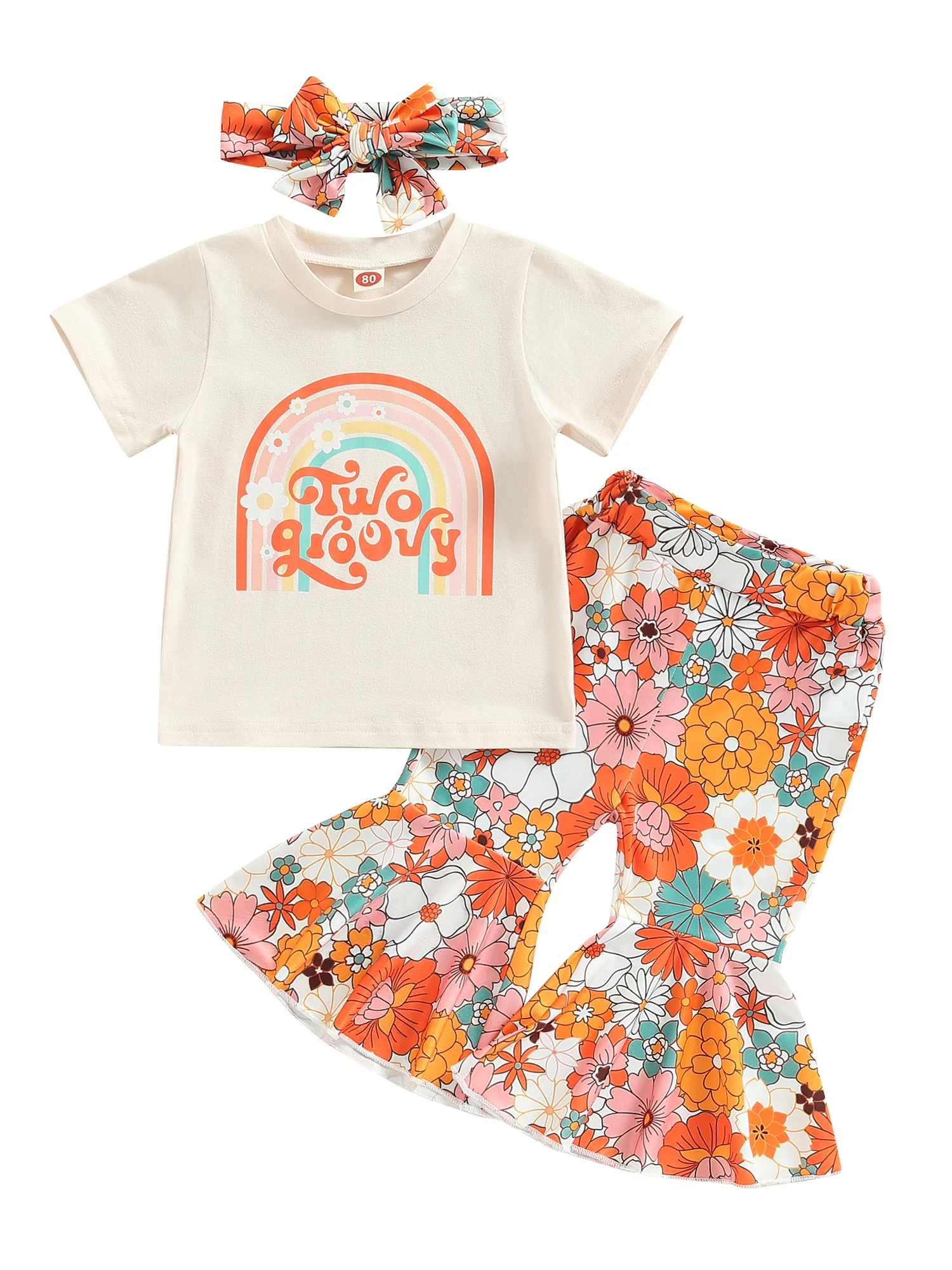 Conjunto de ropa de cumpleaños para niña pequeña, Groovy Pelele con estampado de One Two, Top Floral, pantalones de campana, turbante