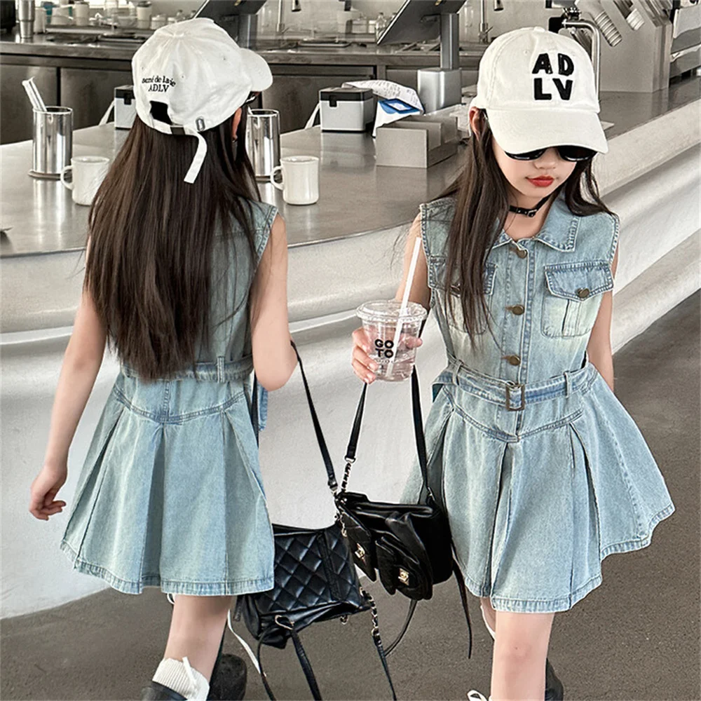 

Fashion Summer Girl's Skirt Children's Denim dress Lapel Collar Sleeveless Denim Skirt 2452