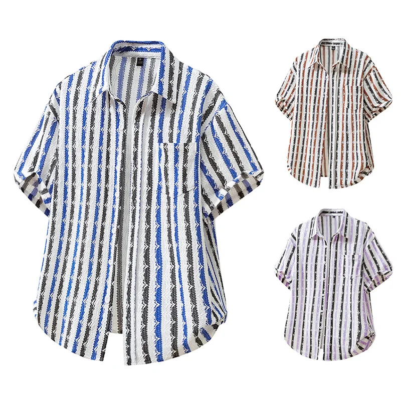 Men's Short Sleeve Shirt Men's Striped Loose Fit Summer Leisure Print Beach Casual  Versatile Shirts