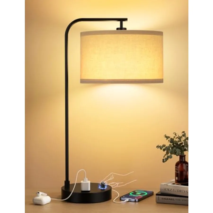 Tall Table Lamp with USB Port and Outlet, Dimmable Nightstand Bedside Lamps with Linen Lampshade, Desk Lamp for Bedroom, Living