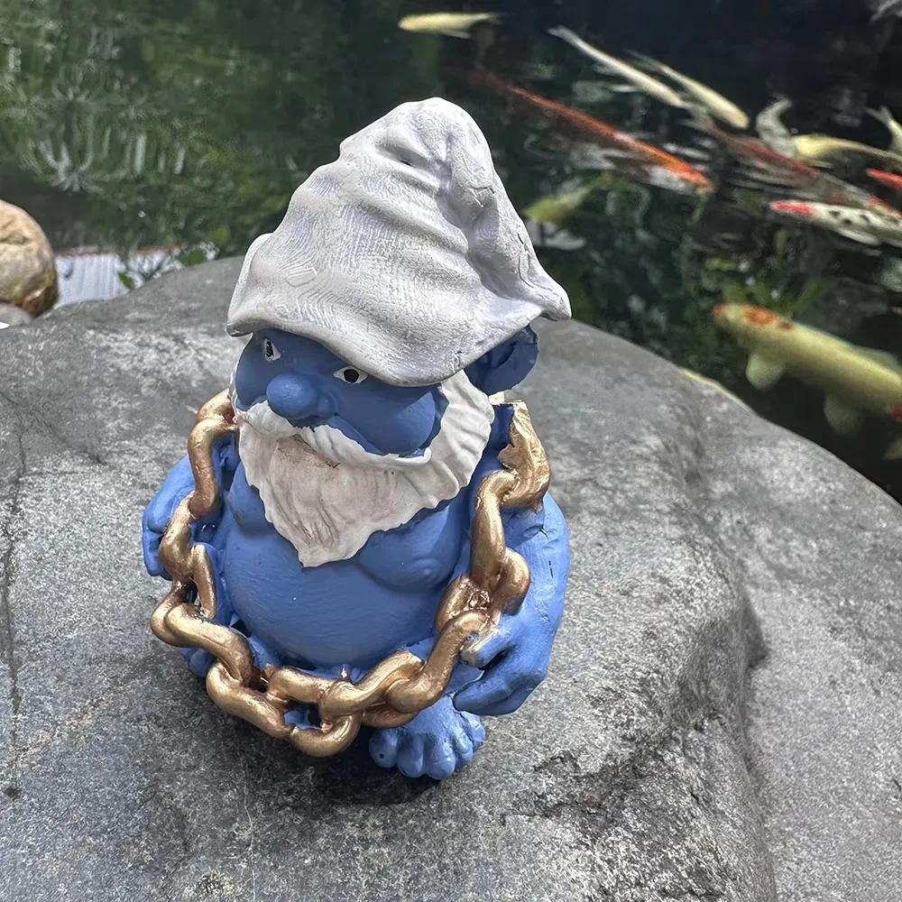 Gnome Gordo Azul com Corrente de Ouro Engraçado Resina Artesanato, Bonito Jardim Ornamento, Estátua Anão Decorativa, Sala de estar