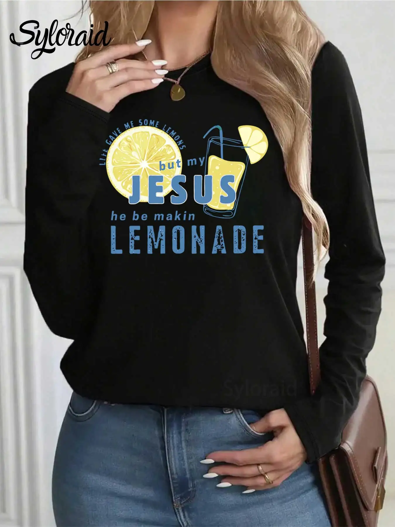 تي شيرت نسائي بأكمام طويلة ولكن يسوع هو يجعل عصير الليمون تي شيرت يسوع عصير الليمون قميص موضة رقبة مستديرة رداء علوي غير رسمي #2