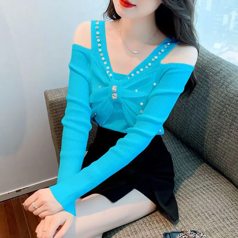 Fashion V-Neck Diamonds Bow Off Shoulder Blouses Women\'s Clothing 2024 Spring Summer New Slim Korean Tops Office Lady Shirts