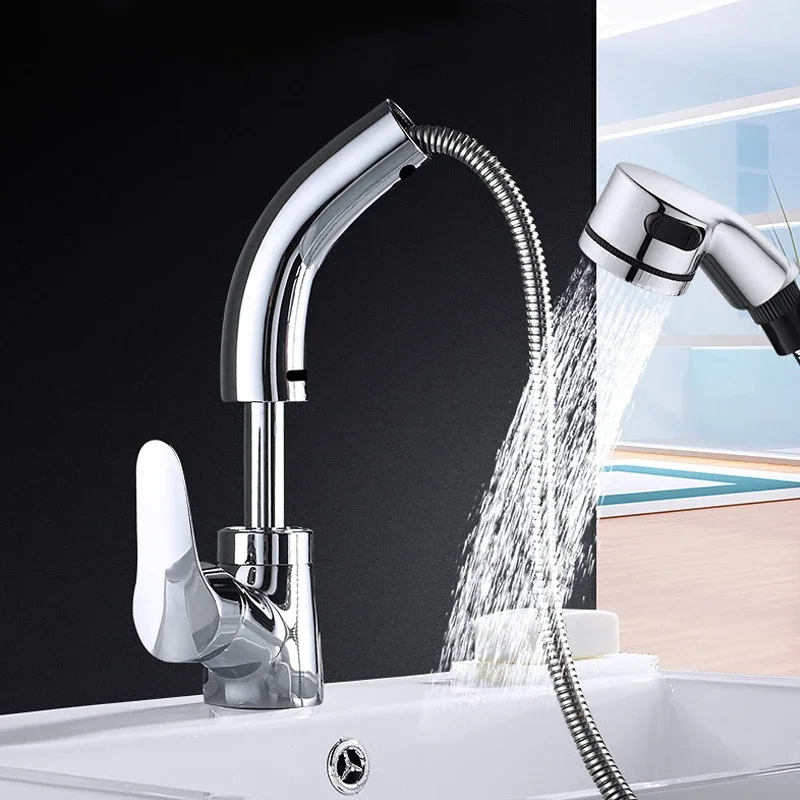 

Bathroom Basin Faucet Single Lever Pull Out Sprayer Swivel Spout Hot and Cold Sink Water Mixer Crane Lift Up and down Water Tap