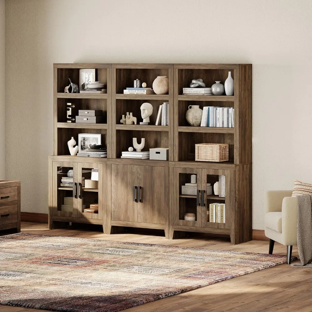 

74 Tall Bookshelf with Glass Doors, Large Bookshelf Set of 3,Farmhouse Bookcase with Open Shelves for Living Room, Home Office
