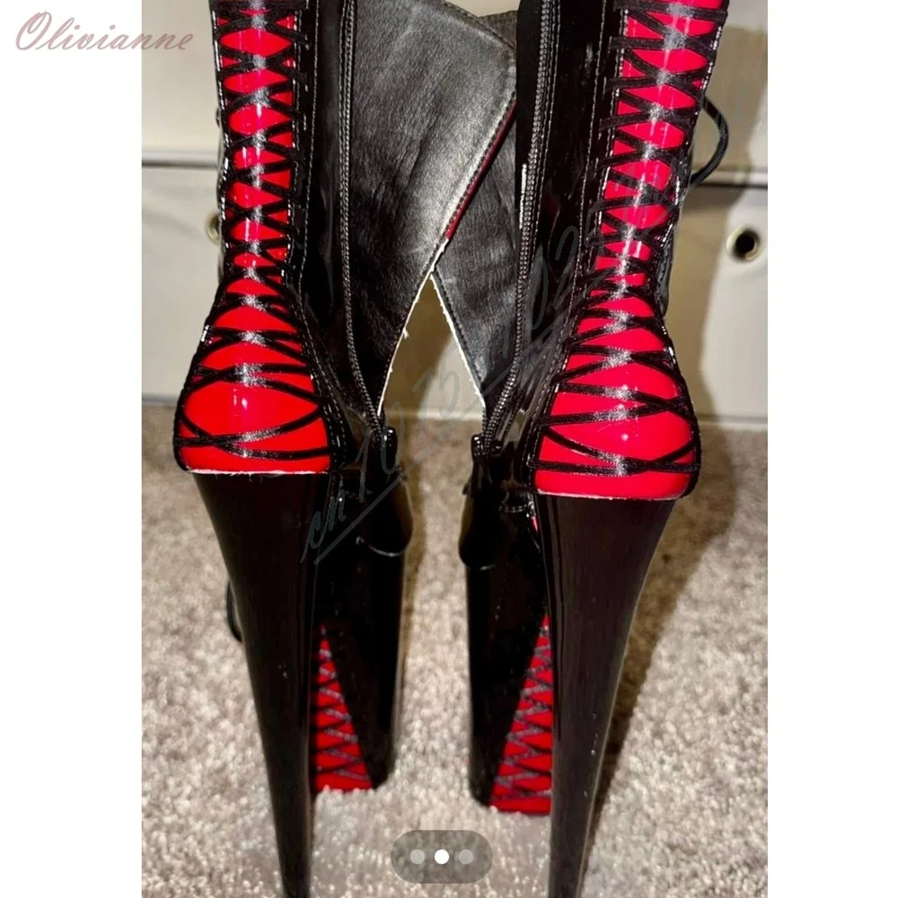 Black Shiny Leather Platform Mid Calf Boots Stiletto High Heel Lace-up Strappy Pole Dance Shoes for Women Nightclub Women Shoes