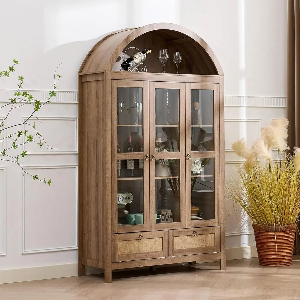 

75 Arched Glass Door Display Cabinet with Rattan Shelves and Anti-Tip Feature for Kitchen or Bathroom, Natural Finish
