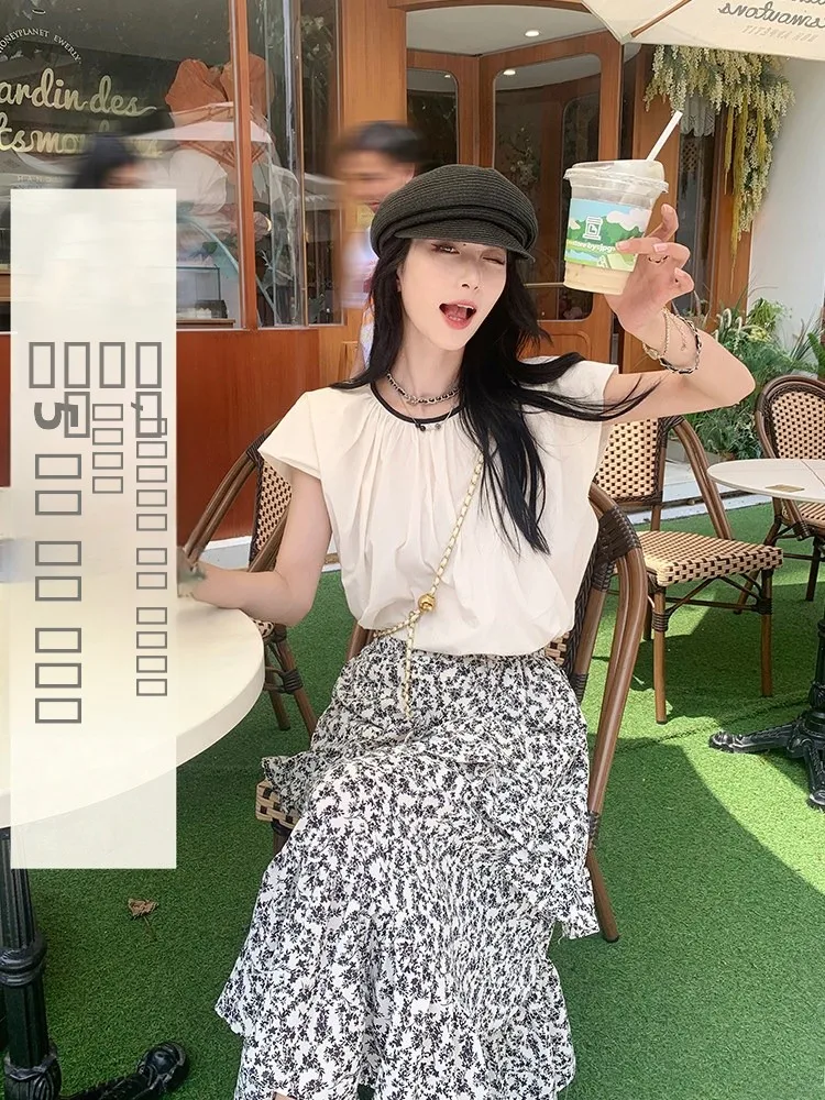 

Yang Bubble Apricot White round Ne ort Sve Women's Comfortable Chiffon irt Slimming Faionable Korean Sle Top