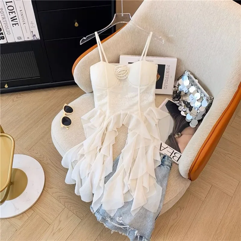 Camisola assimétrica com acabamento em renda e sutiã embutido, bralette exclusivo sem costas para estudante, peça de camadas mais elegante