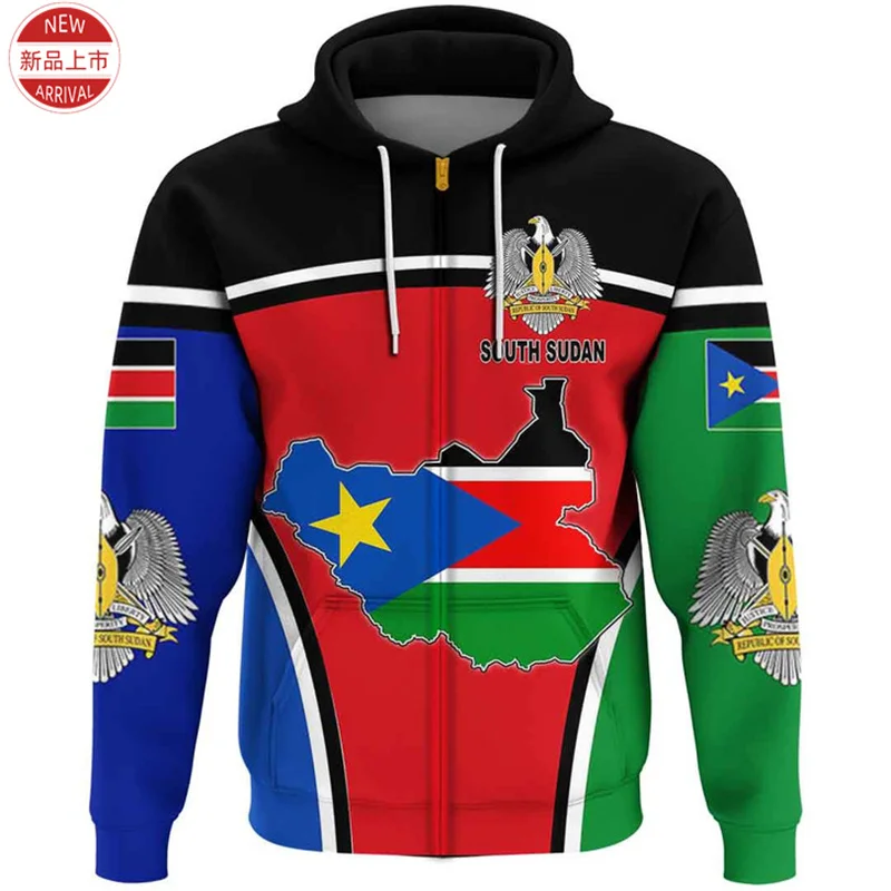 South Sudan National Flag 3D Printing Zip Up Hoodies For Men The Republic-of South Sudan Coat Of Arms Graphic Zipper Pullovers