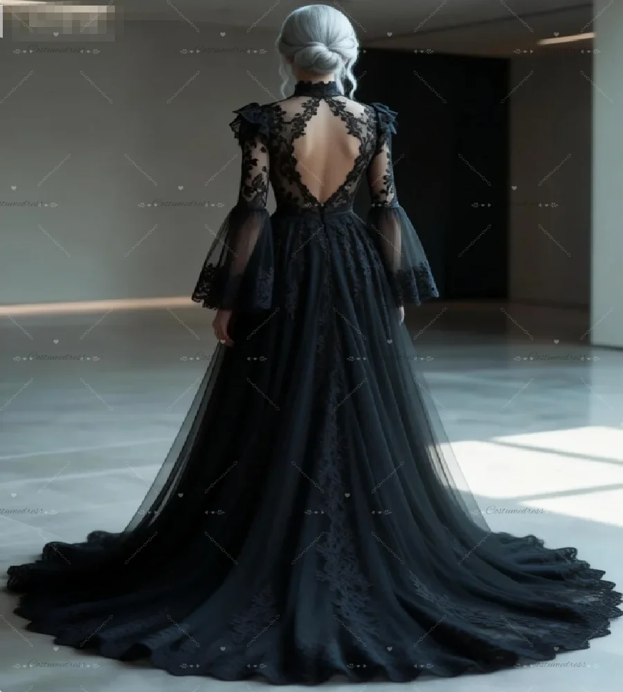 Romantic Gothic Black Wedding Dress With Belle Sleeve Fairy Celtic Country Bridal Dress Vampire Medieval Rustic Bride Dress Boho