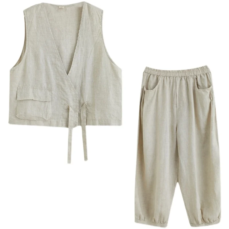 Faionable Ensemble de lin en coton Pantalon Harlan neuf pièces pour femme Jaet avec ket Taille élastique Flip Cover Design Automne Collec...