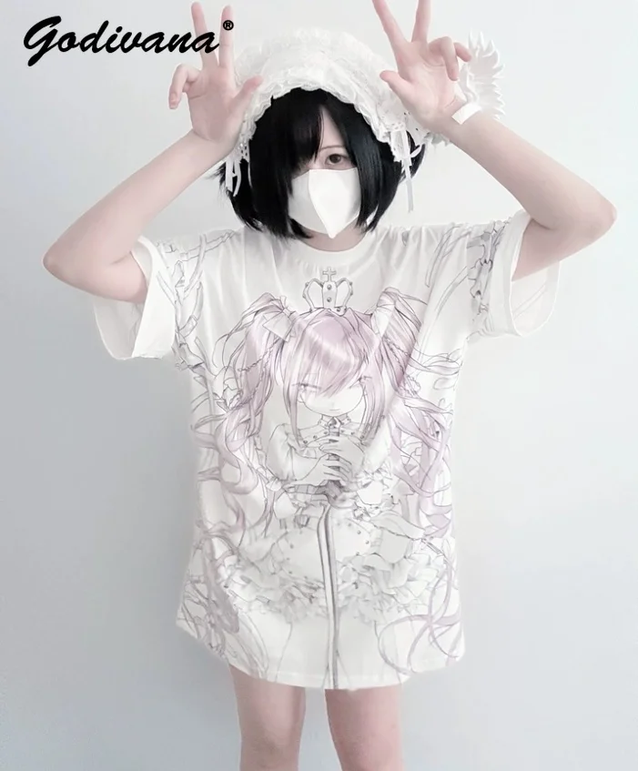 Japanese Subculture New Summer Y2K Animation Printing Short-sleeved Loose T-shirt Harajuku Oversized Tee Dress Shirt Tops