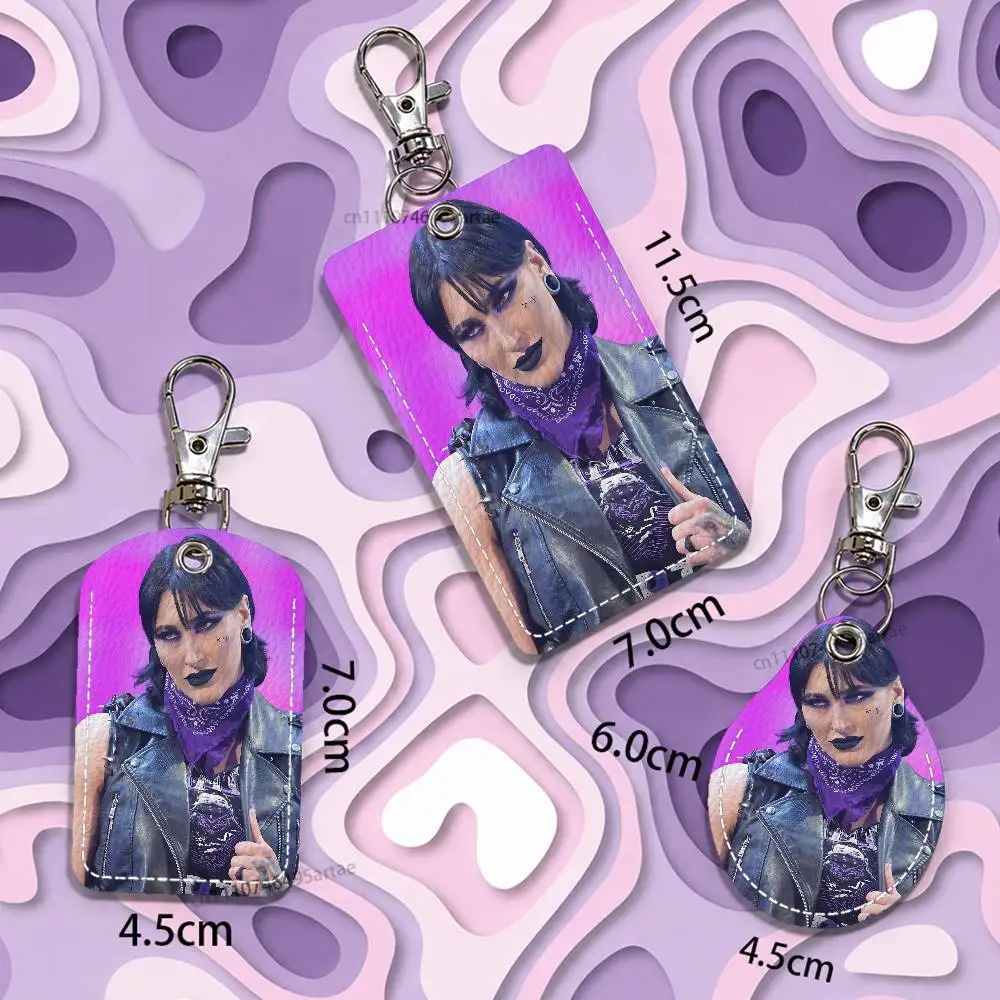 Mami black Rhea Ripley Cartoon Singer Rectangle ID Card Case Keychain Access Card Bag Key Tag Ring Leather Card Holder Key Ring view 5