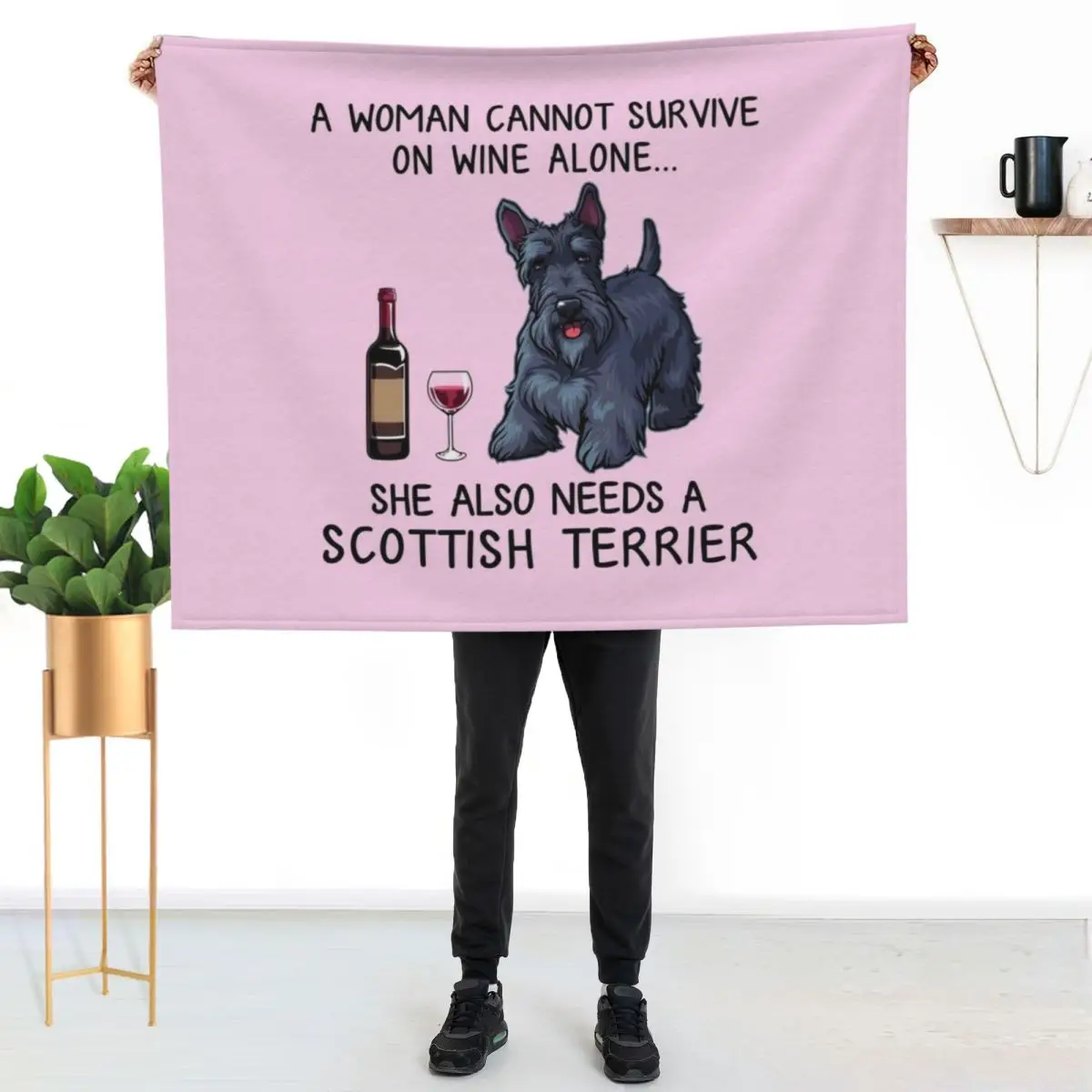 Scottish Terrier and wine Funny gift for dog mom Throw Blanket Cute Luxury Large Softest Blankets