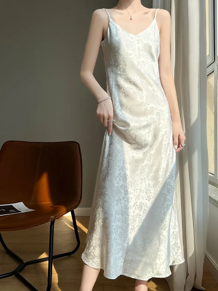 Ele soie Satin longue Dr femmes été Sexy couche de Base v-ne a-ligne robe coréenne Sle tenue décontracté sans Sve